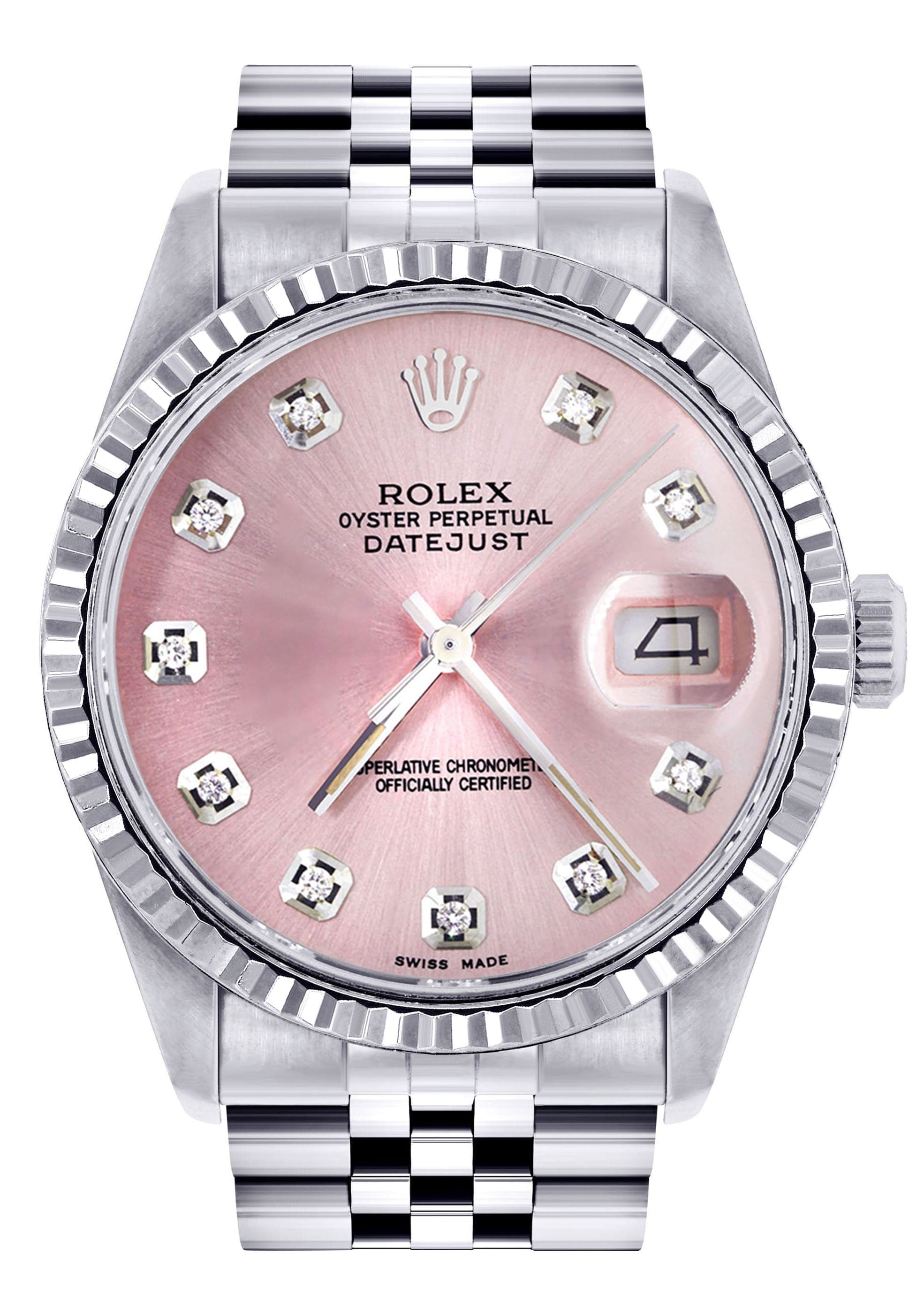 Mens Rolex Datejust Watch 16200 Fluted Bezel 36Mm Pink Dial Jubilee Band