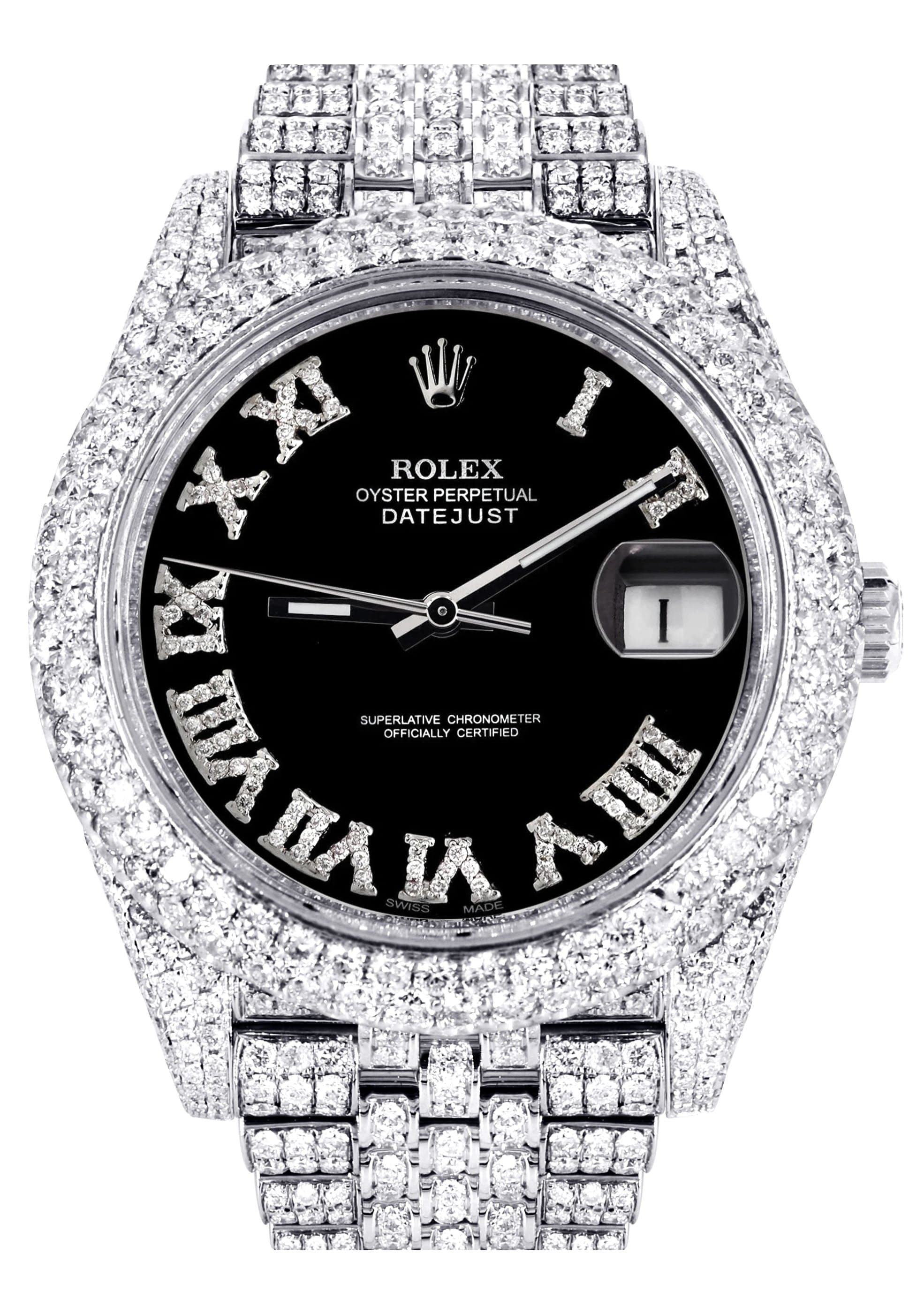 Diamond Iced Out Rolex Datejust 41 25 Carats Of Diamonds Custom Black Roman Numeral Diamond Dial Two Row Jubilee Band