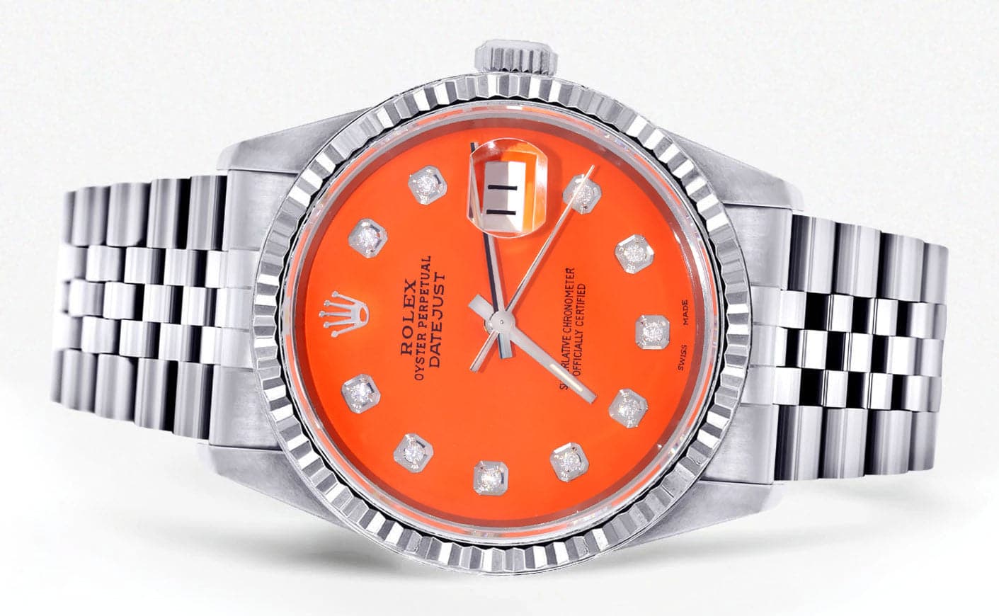 Mens Rolex Datejust Watch 16200 Fluted Bezel 36Mm Orange Dial FrostNYC